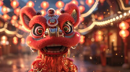 Fototapeta premium Traditional Chinese dragon dance performance during festival. Celebration with red lanterns and festive atmosphere