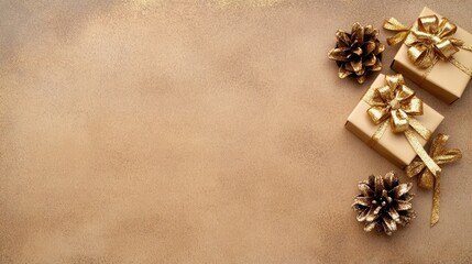 Fototapeta premium A beautifully arranged flat lay featuring golden gifts, Christmas decorations, and pinecones, perfect for New Year celebrations