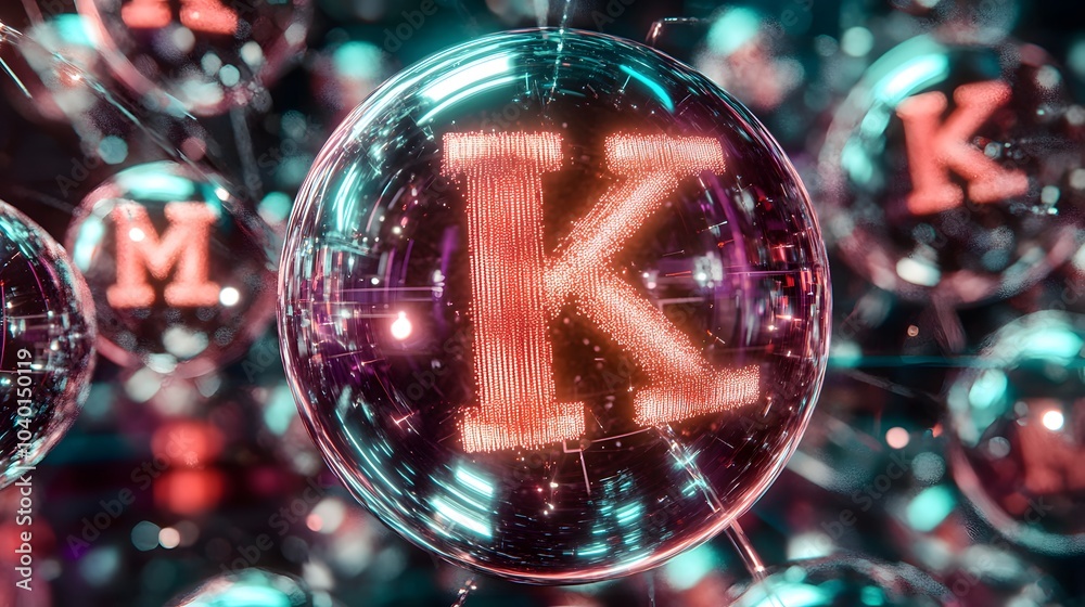 Poster A futuristic K-Means model in 3D, with glowing centroids and clusters of data points grouped by proximity, with 'K-Mean' written at the center, no background