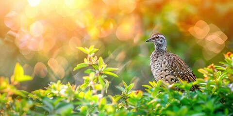 Obraz premium Portrait of a Quail with blurred herb garden background, copy space, cinematic
