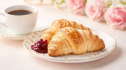 Freshly baked croissants with jam and coffee on elegant table