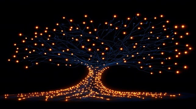 A close-up of a decision tree model with branching paths, featuring the words 'Machine Learning' glowing in neon, no background