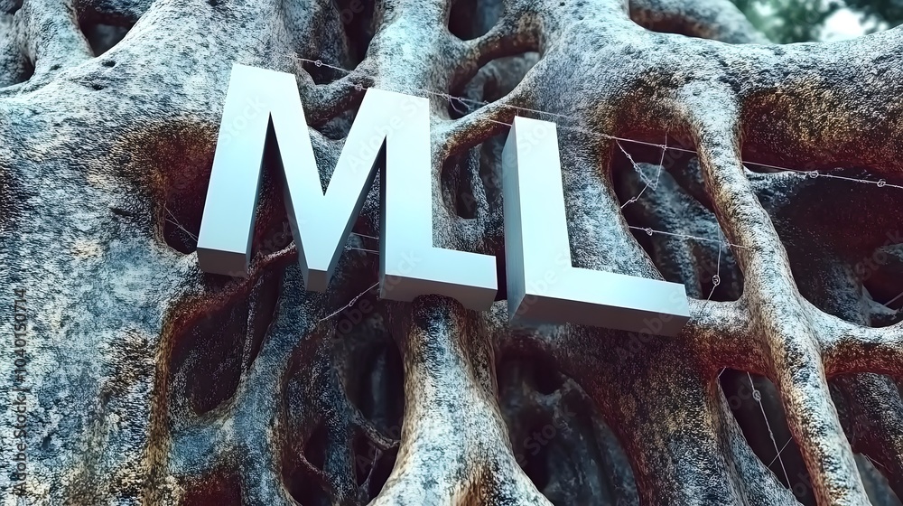Poster A futuristic data visualization with interconnected nodes, and 'ML' displayed in bold letters at the center, no background