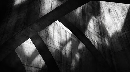 Play of light and shadows in a black-and-white abstract scene, with intersecting lines and textured surfaces forming an elegant design