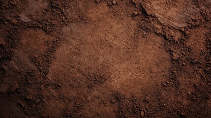 Fototapeta premium A close-up view of dark, textured soil, showcasing its rich, brown color and uneven surface with small rocks.
