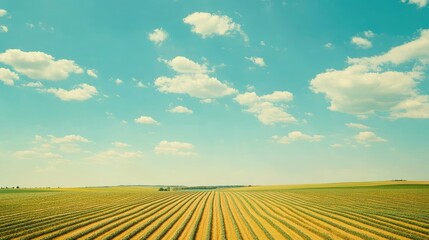 North American farmland with rows of crops and space for copy in the sky