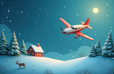 Fototapeta premium Small airplane with christmas gifts on christmas background, top view, space for text
