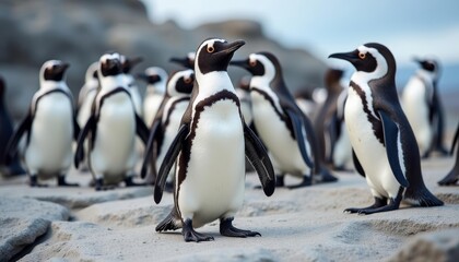 Fototapeta premium Penguins standing on rocky terrain looking towards the camera