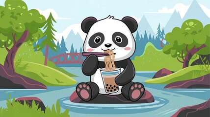 Obraz premium Cute Panda Eating Ramen Noodle And Drink Boba Milk Tea Cartoon Vector Icon Illustration Animal Food