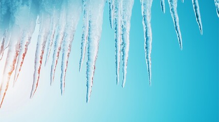 The image features icicles hanging from a surface, set against a bright blue sky, offering a serene winter aesthetic.