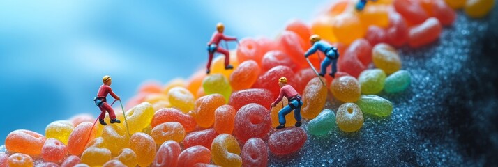 Miniature adventurers ascending a colorful mountain of jellybeans, vibrant candy landscape, playful and whimsical exploration © paisorn
