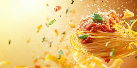 Delicious spaghetti with sauce and herbs, flying in the air, vibrant background.