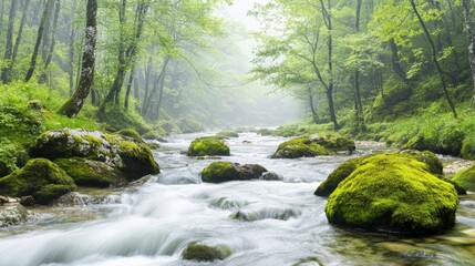 A serene forest river flows gently through lush greenery, with moss-covered rocks lining its banks, creating a tranquil natural scene.
