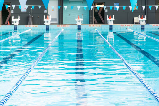 looking down lane 4 of a public swimming pool
