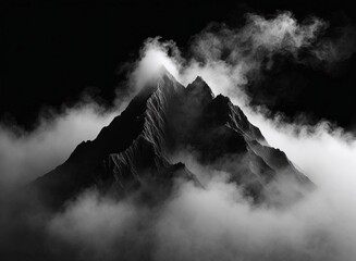 Abstract black white rocks are shrouded in fog on black background. BW misty minimalistic concept. Creative grunge graphic mountain backdrop. Monochrome card for design, interior poster, copy space