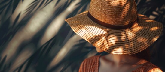 A charming pattern featuring a straw hat on a woman s head under sunlight with shadows providing copy space image