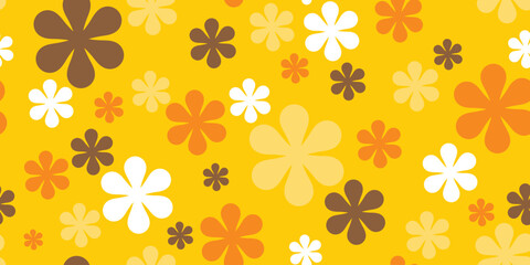 Groovy 1970s Flower Wallpaper | Repeating 70s Pattern | Seamless Retro Seventies Design with Yellow, Orange, and Brown Bursts | Vintage Hippy Background