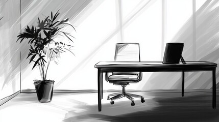 Storyboard black and white line art illustration, close up shot surface of clean office desk. modern office ambience, 