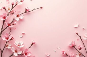 Fototapeta premium light pink background with spring leaves and flowers