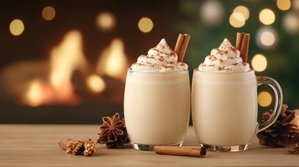 Cozy holiday drinks with whipped cream and cinnamon sticks