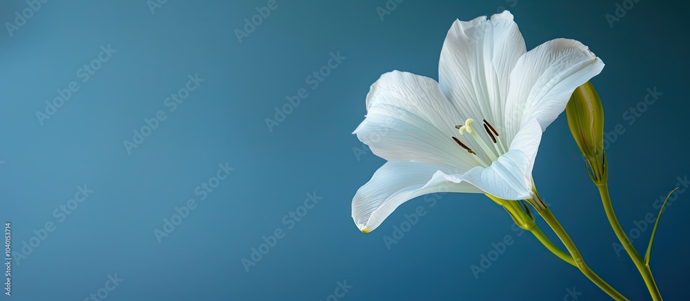 Poster white flower displayed against a blue backdrop with a clear space for adding text or images. copy sp