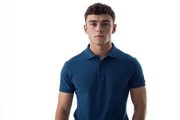 Obraz premium the young guy in blue polo t-shirt on white background