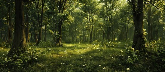 Summer s beauty can be seen in the lush greenery of a forest with leaves rustling amidst the trees providing a serene landscape with a copy space image