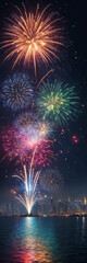 Colorful fireworks light up the sky over the city skyline on New Year's Eve celebration