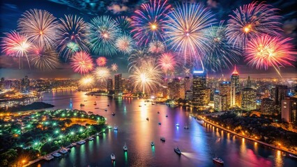 Fototapeta premium New Year's Eve Fireworks Celebration Over City Skyline with Drone Photography