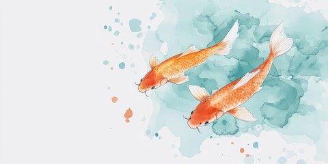 Koi fish swimming in a turquoise abstract watercolor background.