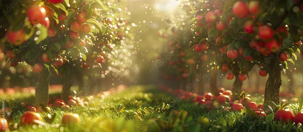 Wall mural an orchard showcasing apple trees with leaves and fruits creating a picturesque scene with ample cop