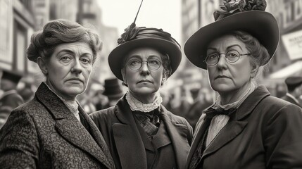 Historic black and white image of three women advocating for women's right to vote