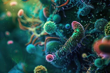 Naklejka premium Abstract close-up of microscopic organisms and cells in a digital rendering. Biology and medical research concept for design and print.