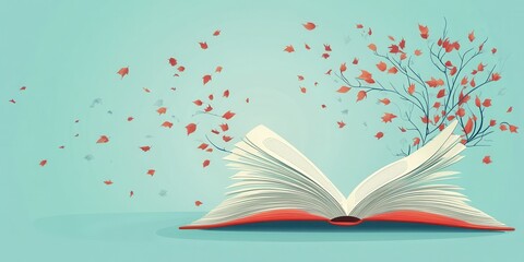 Open book with leaves and branches emerging, symbolizing knowledge and nature.