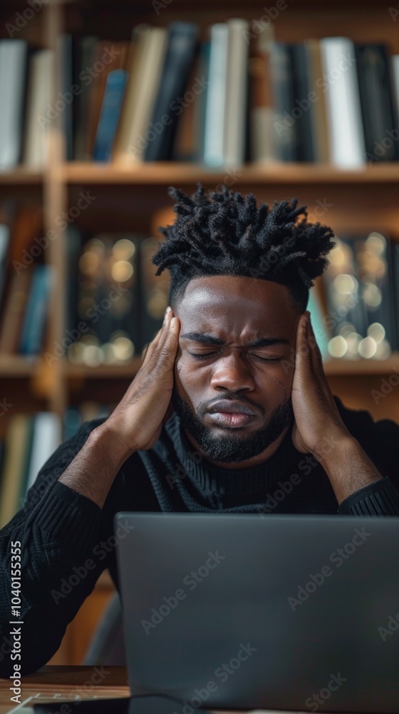 Sticker A tired man with dreadlocks sits before a laptop, looking stressed. Bookshelves filled with books behind him.