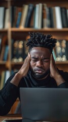 A tired man with dreadlocks sits before a laptop, looking stressed. Bookshelves filled with books behind him.