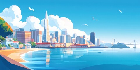 Naklejka premium Scenic city skyline with water, clouds, and lush greenery in vibrant colors.