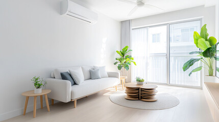 Fototapeta premium bright and airy Scandinavian living room featuring cozy sofa, plants, and natural light
