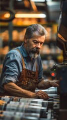 Image shows middle-aged man in workshop, focused on metal work. Lit by yellow light, he wears blue shirt and brown apron. Scene conveys dedication to craftsmanship in industrial setting.