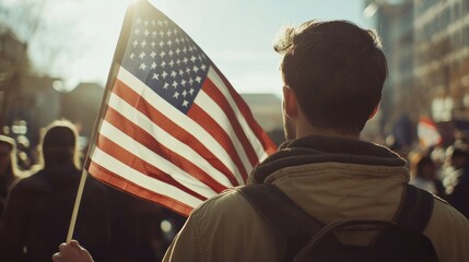 Man holding an American flag at a patriotic event, symbolizing support for democracy