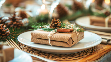 Beautifully wrapped Christmas gift with brown paper, pinecones, cinnamon, and greenery for a rustic holiday touch