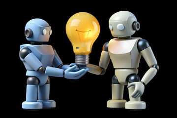 Human Robot Exchange Ideas Light Bulb Icons Concept Innovation Collaboration Plain Background Ample Copy Space Photo Stock Image