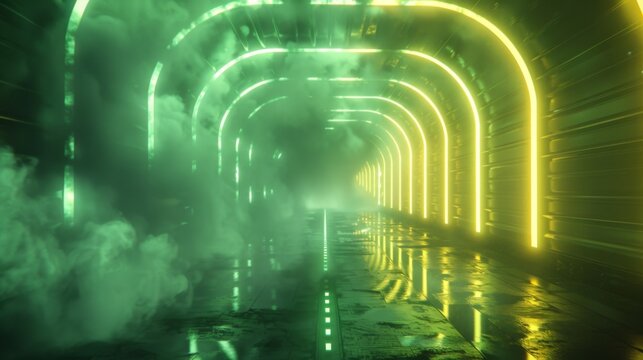 Pulsating neon tunnel with alternating yellow and green lights, surrounded by dense fog and ethereal clouds