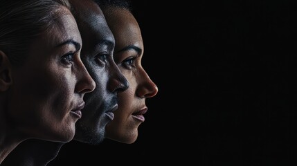 Human face made from portrait of different people of diverse age, gender and race over black background. Concept of social equality, human rights, freedom, diversity, acceptance