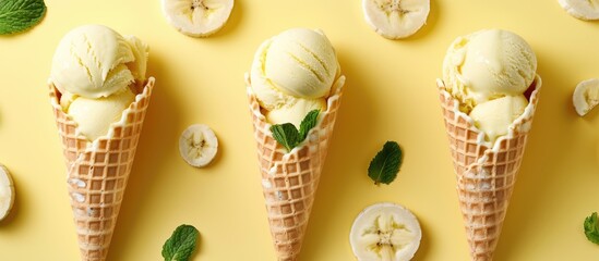 Creative copy space image featuring vegan banana ice cream options with fresh bananas mint and waffle cones