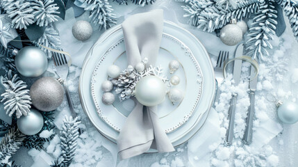 Elegant Winter Wonderland Christmas Table Setting with White and Silver Ornaments