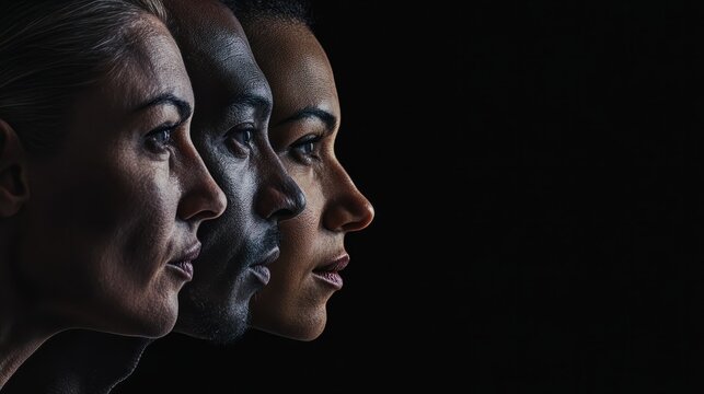 Human face made from portrait of different people of diverse age, gender and race over black background. Concept of social equality, human rights, freedom, diversity, acceptance