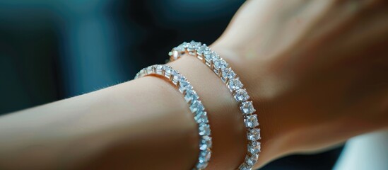 Diamond bracelet on a woman s hand for business related visuals like backgrounds posters wallpapers banners greeting cards or ads for businesses featuring copy space image