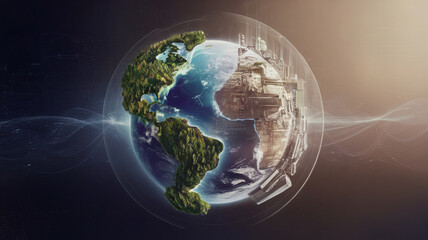 Fototapeta premium stunning view of Earth from space, showcasing blend of natural landscapes and futuristic cityscapes. planet is half covered with lush greenery, symbolizing harmony between nature and technology