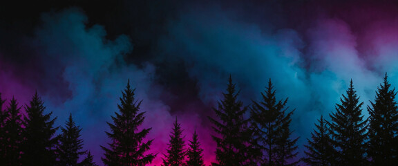 Fototapeta premium A mystical forest illuminated by vibrant hues of blue, violet, and magenta at night